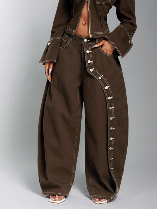 Denim - Mocha Brown Casual Women's Double Button Wide Leg Denim Jeans